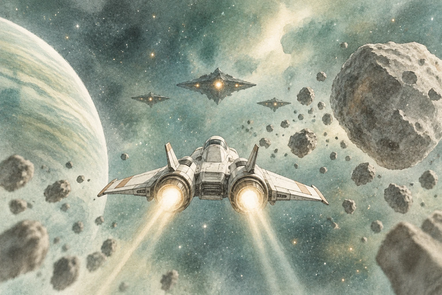 宇宙を飛ぶ機体と小惑星の水彩イラスト