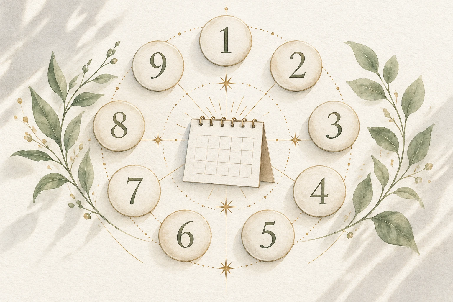 1から9の数字とカレンダーの水彩イラスト