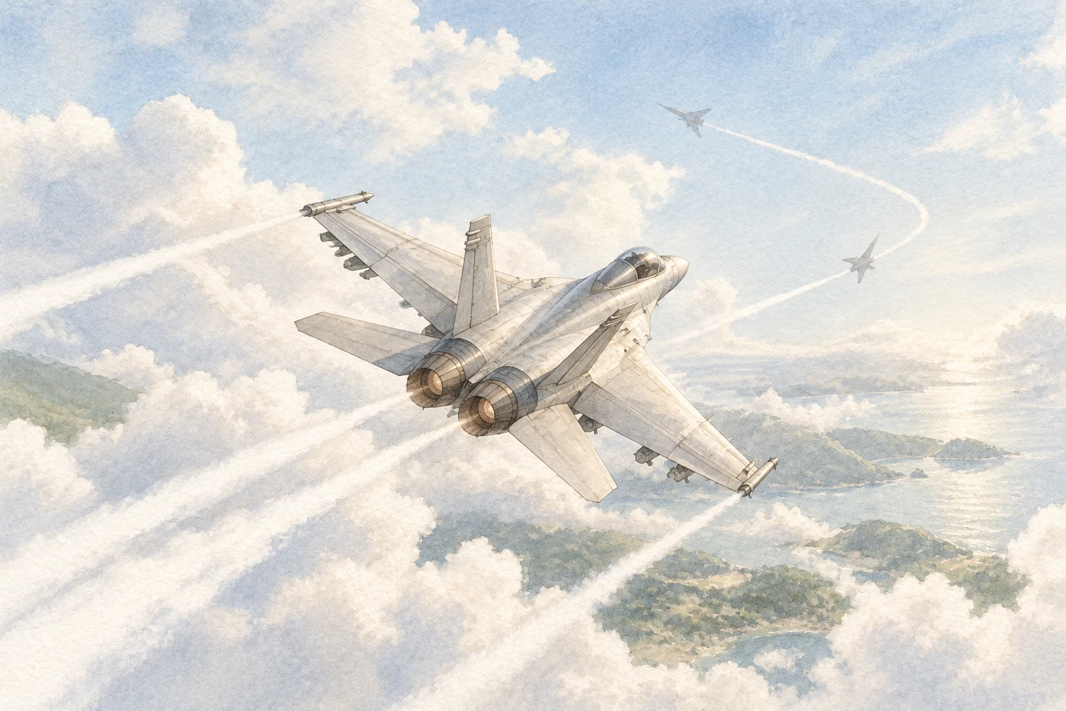 雲の上を飛ぶ戦闘機の水彩イラスト