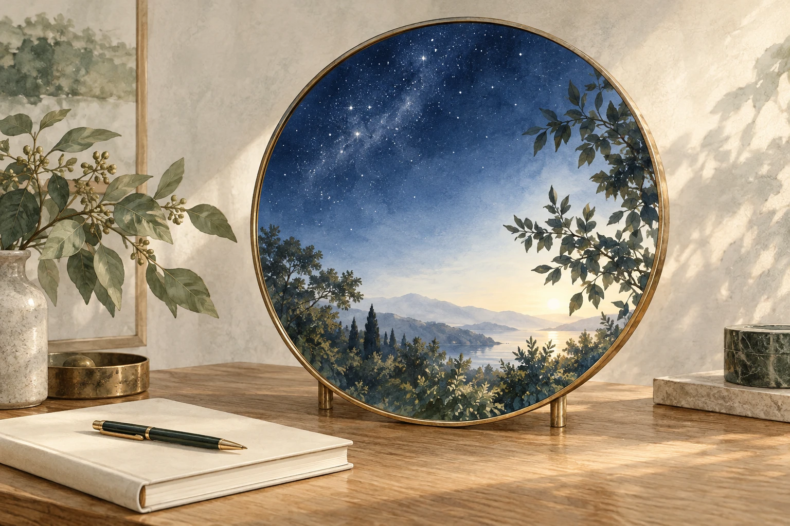 星空と朝の光を映す丸い鏡の水彩画
